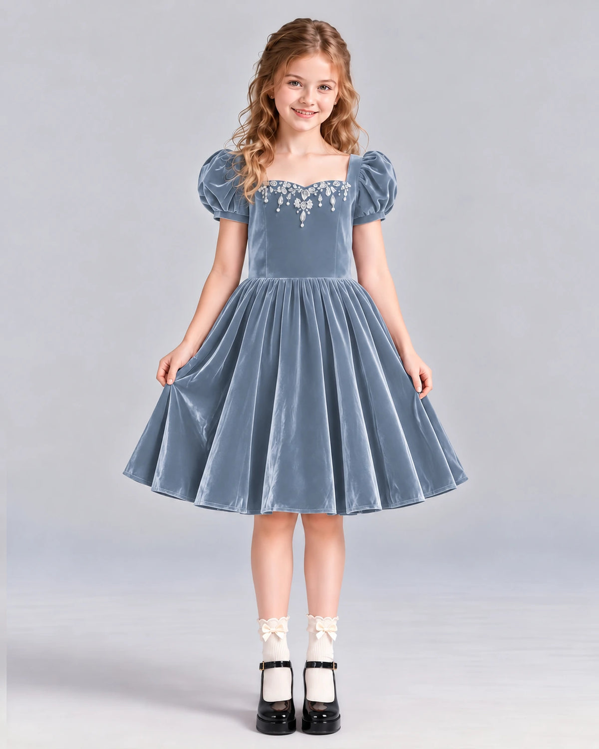 Dusty Blue A-line Girls Formal Dress Front