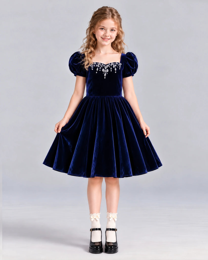 Navy Blue A-line Girls Formal Dress Front