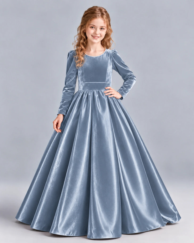 Dusty Blue Ball Gown Junior Bridesmaid Dress Front