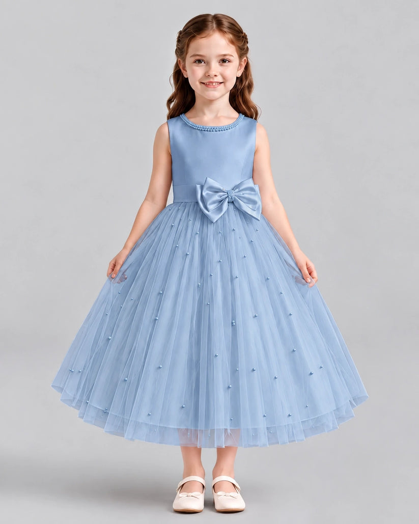 Dusty Blue A-line Flower Girl Dresses Side