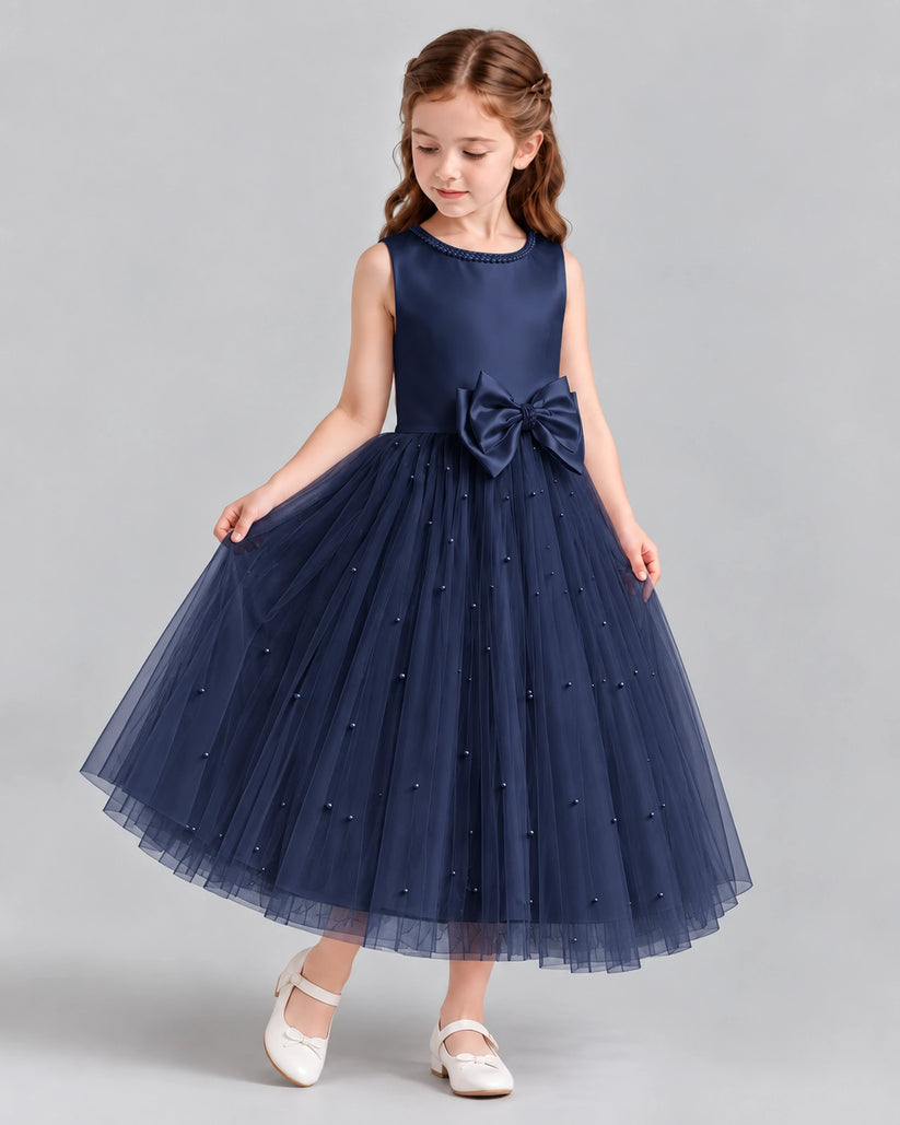 Navy Blue A-line Flower Girl Dresses Side