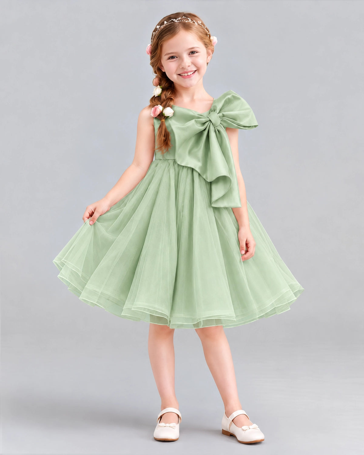 Sage Green Ball Gown Girls Formal Dresses Front