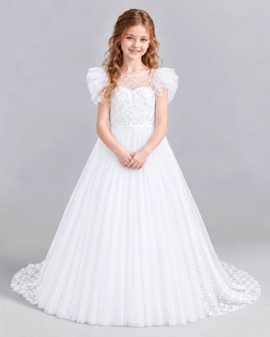 White Ball Gown First Communion Dresses Front