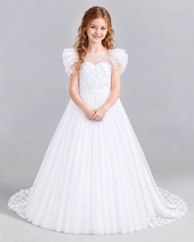 White Ball Gown First Communion Dresses Front