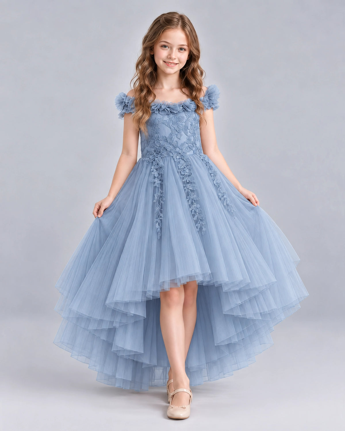 Dusty Blue Ball Gown Girls Formal Dresses Front