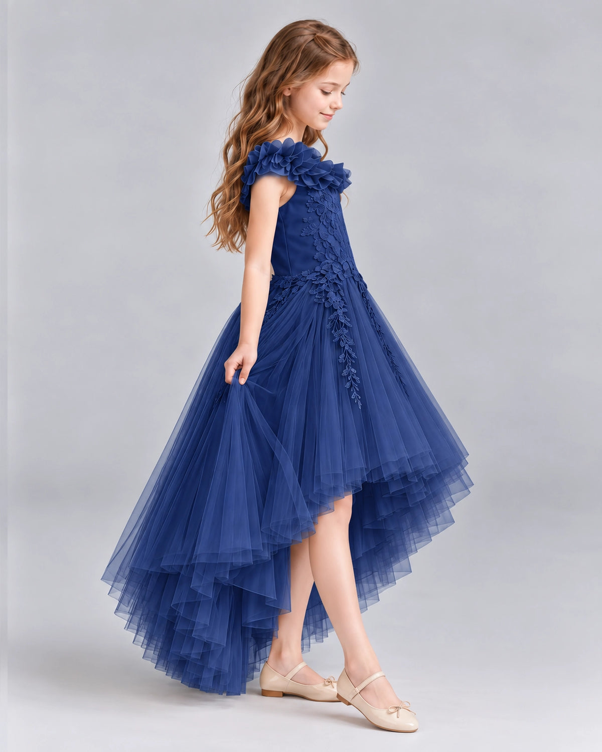 Navy Blue Ball Gown Girls Formal Dresses Side