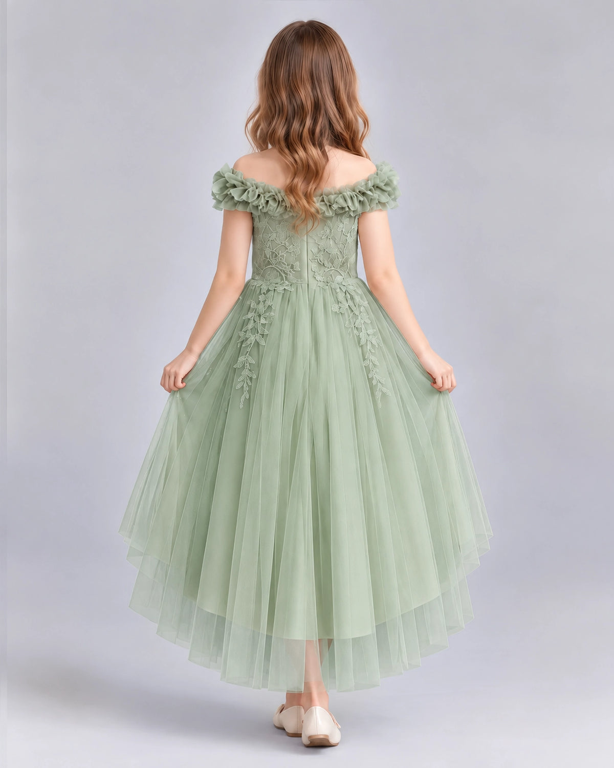 Sage Green Ball Gown Girls Formal Dresses Back