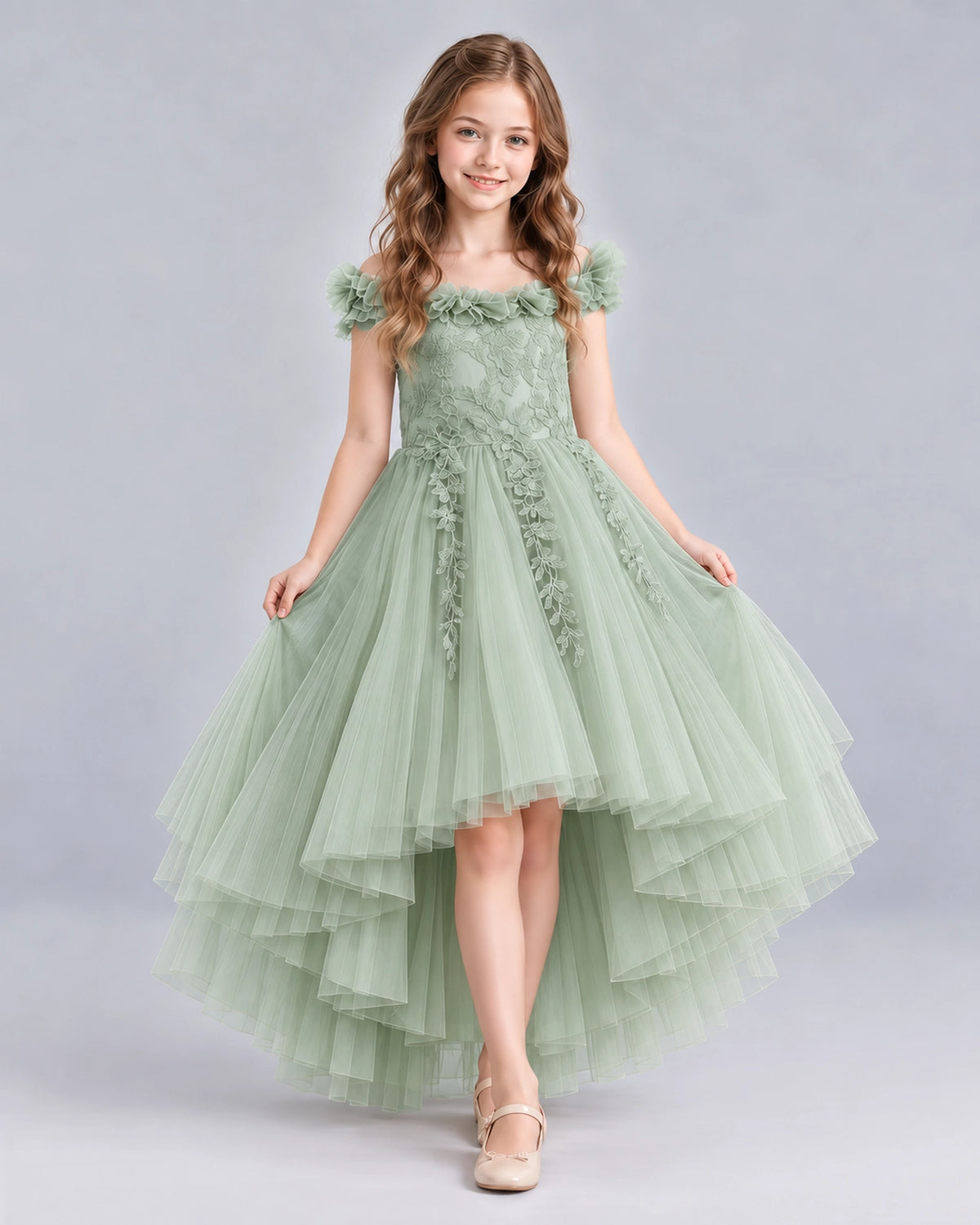 Sage Green Ball Gown Girls Formal Dresses Front