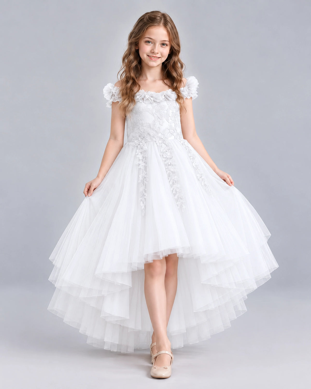 White Ball Gown Girls Formal Dresses Front