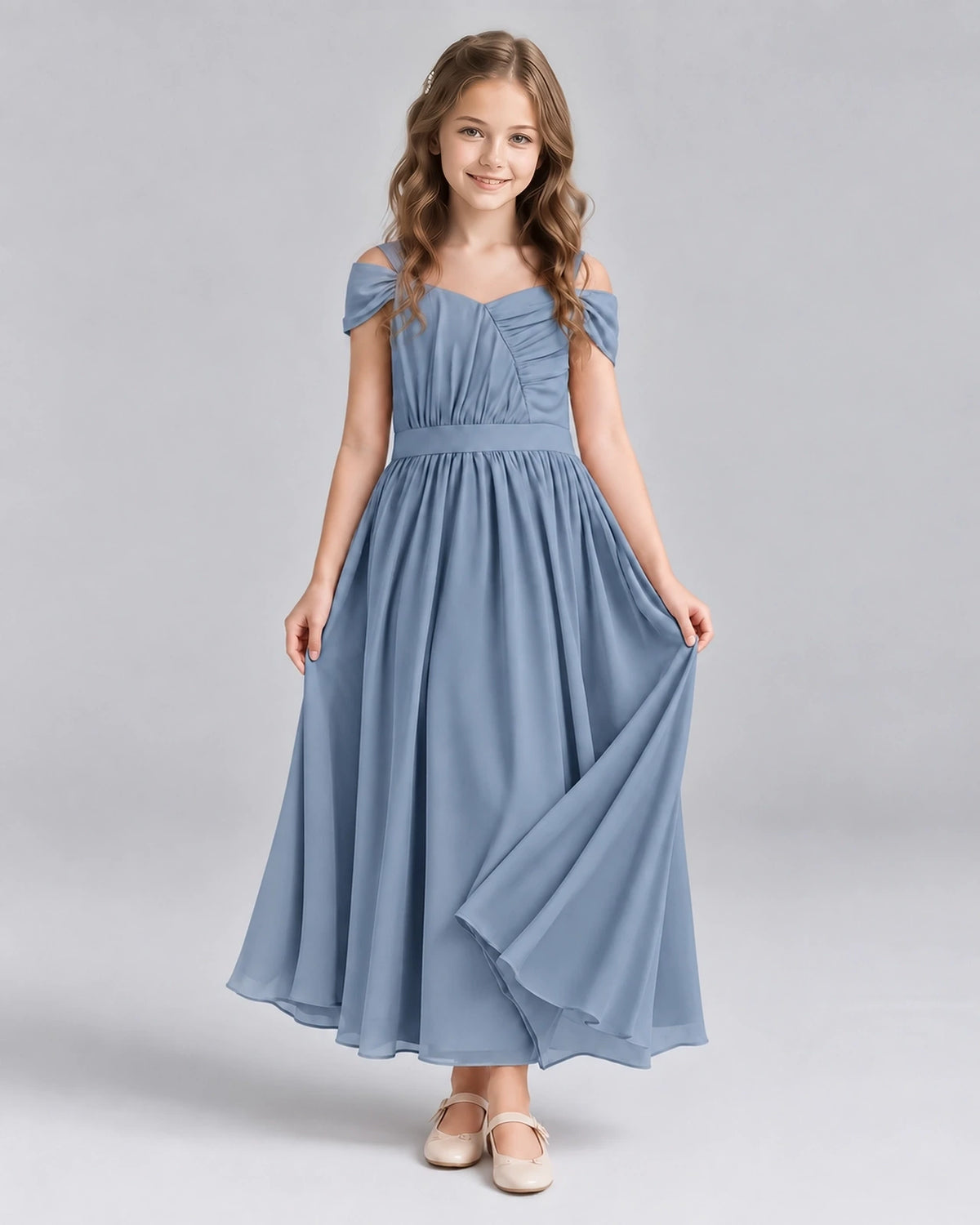 Dusty Blue A-line Junior Bridesmaid Dresses Front
