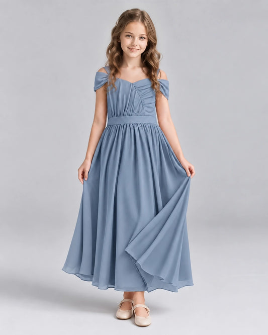 Dusty Blue A-line Junior Bridesmaid Dresses Front