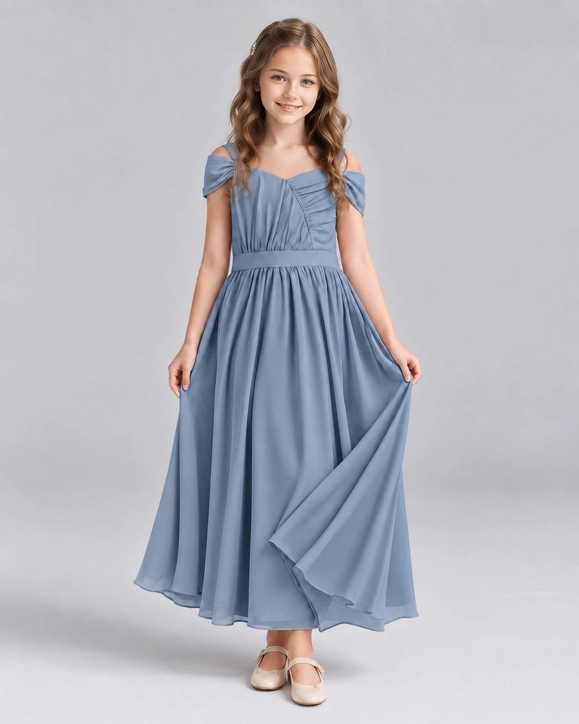 Dusty Blue A-line Junior Bridesmaid Dresses Front