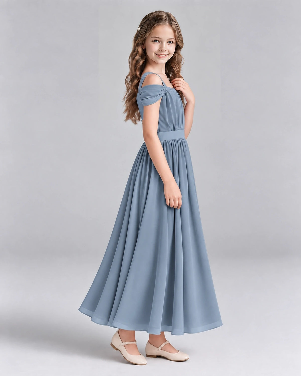 Dusty Blue A-line Junior Bridesmaid Dresses Side