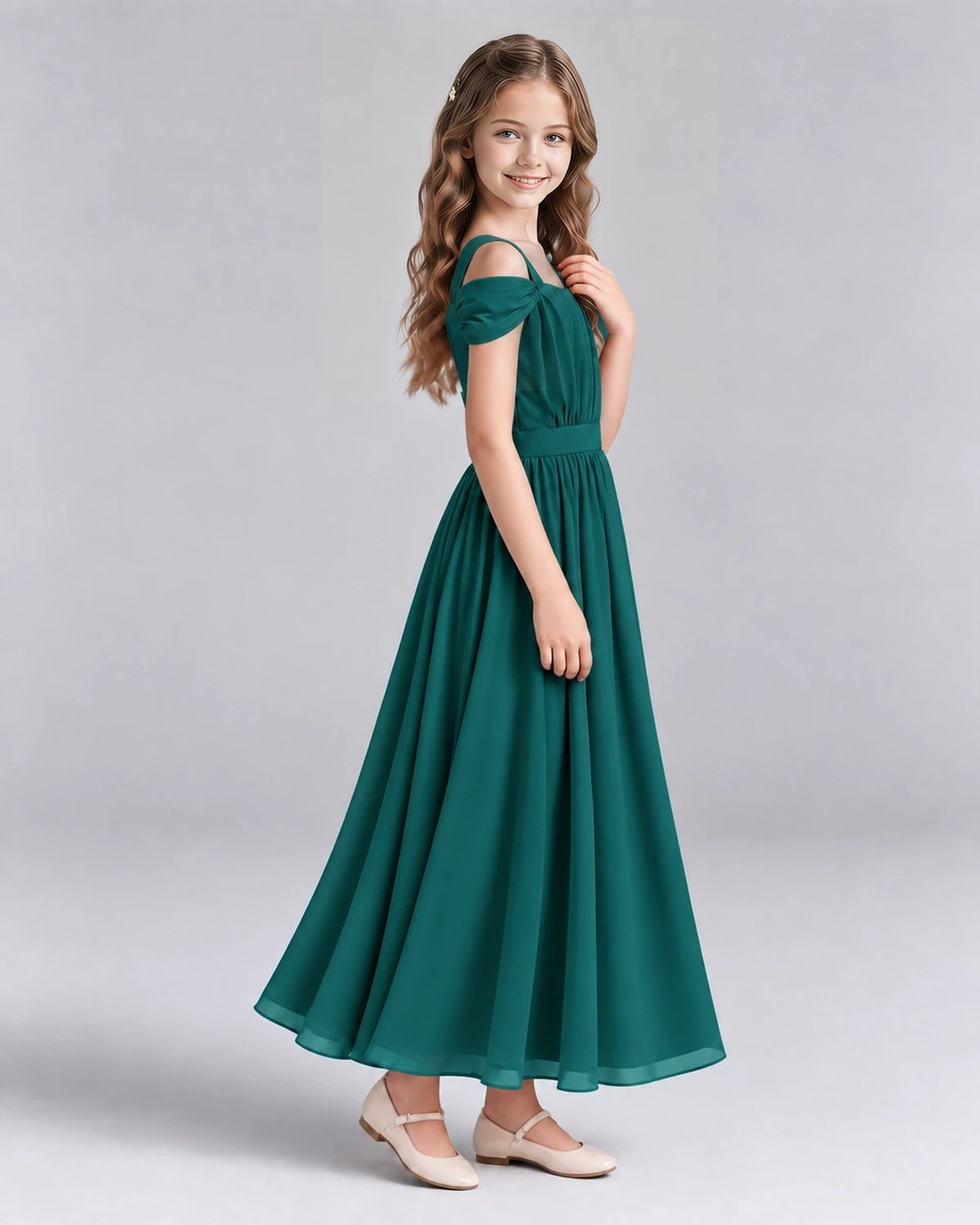 Peacock A-line Junior Bridesmaid Dresses Side