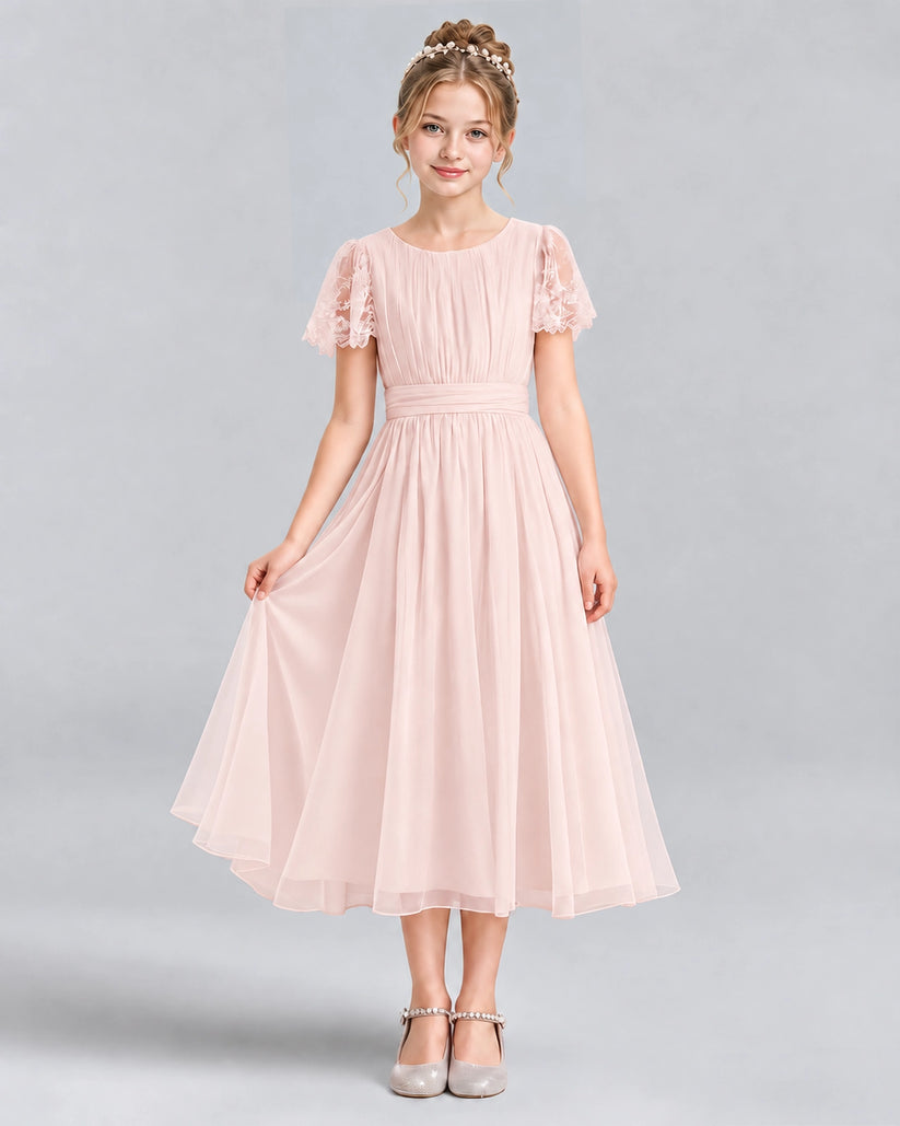 Blush Pink A-line Junior Bridesmaid Dresses Pose