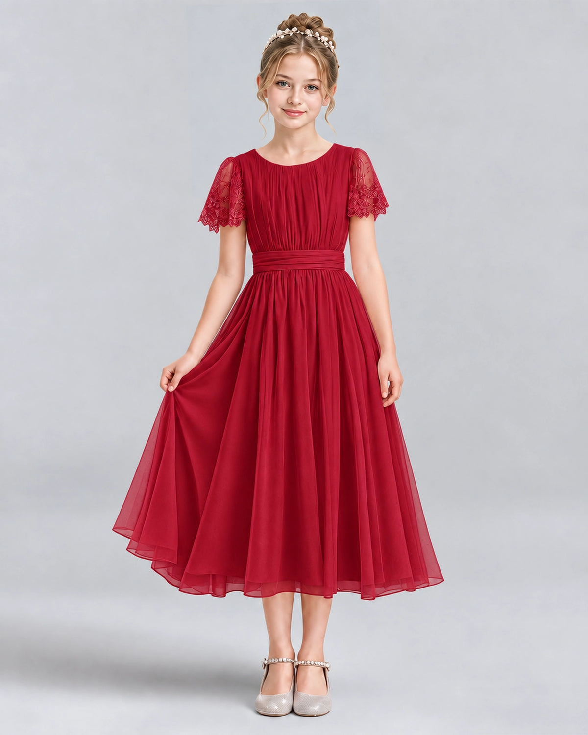 Burgundy A-line Junior Bridesmaid Dresses Pose