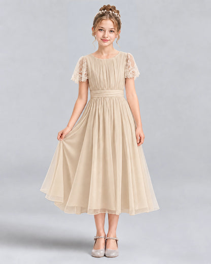 Champagne A-line Junior Bridesmaid Dresses Pose