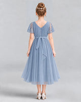 Dusty Blue A-line Junior Bridesmaid Dresses Back