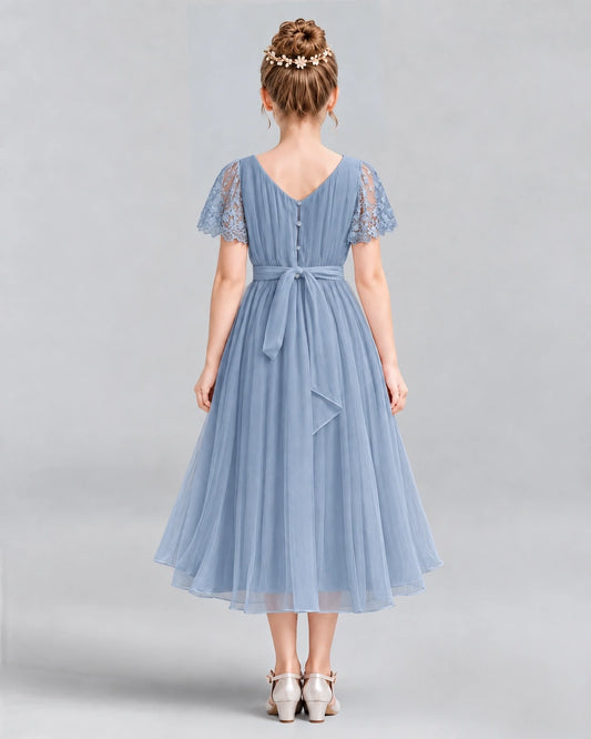 Dusty Blue A-line Junior Bridesmaid Dresses Back