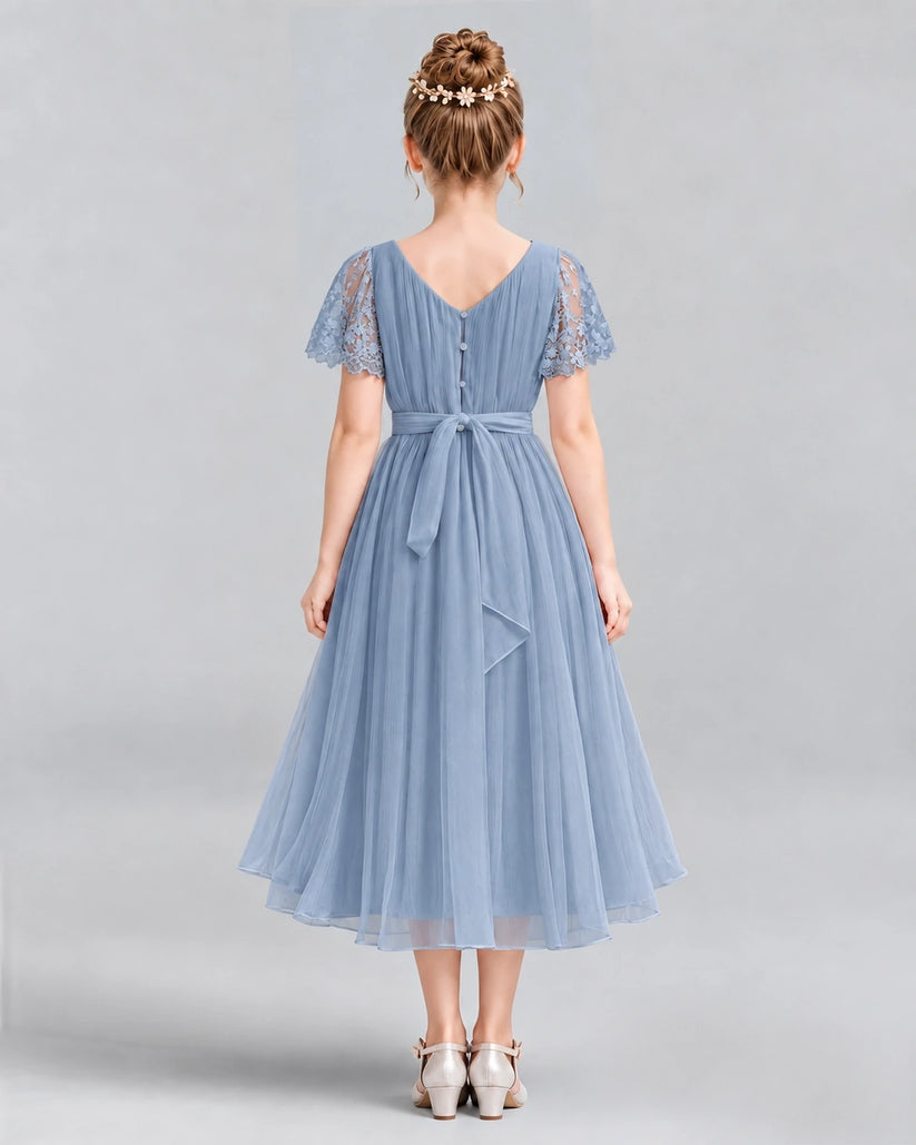 Dusty Blue A-line Junior Bridesmaid Dresses Back