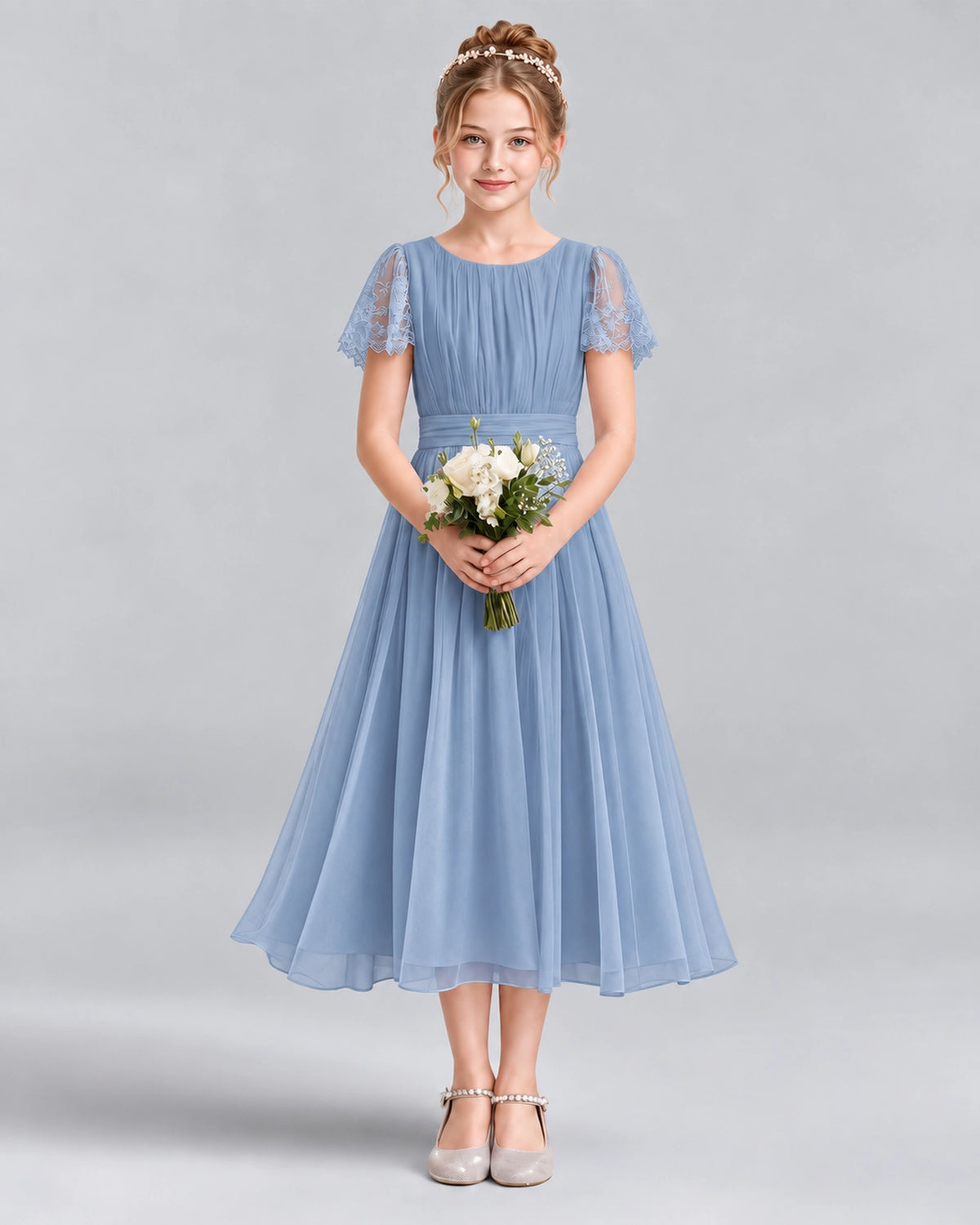 Dusty Blue A-line Junior Bridesmaid Dresses Front