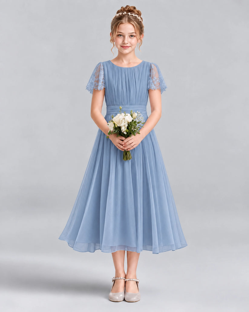 Dusty Blue A-line Junior Bridesmaid Dresses Front