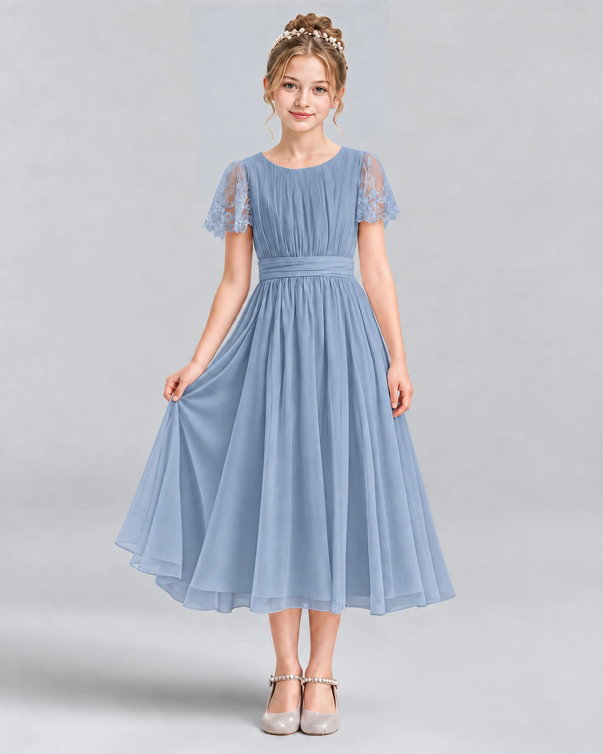 Dusty Blue A-line Junior Bridesmaid Dresses Pose