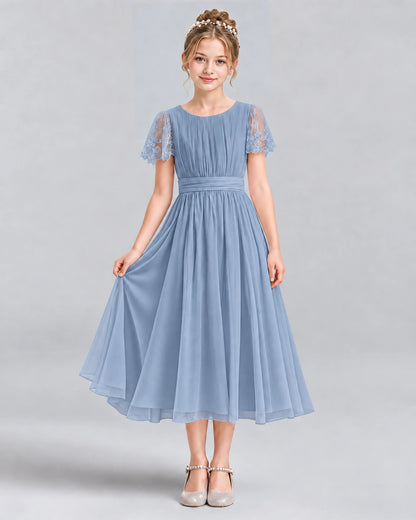 Dusty Blue A-line Junior Bridesmaid Dresses Pose