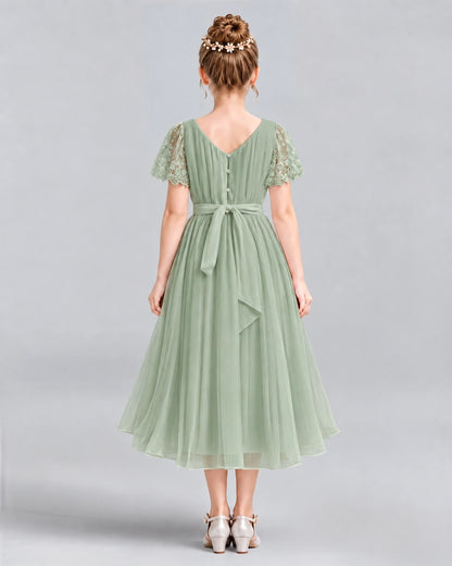 Sage Green A-line Junior Bridesmaid Dresses Back
