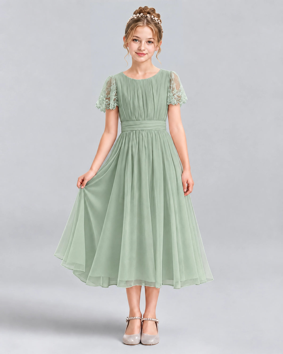 Sage Green A-line Junior Bridesmaid Dresses Pose