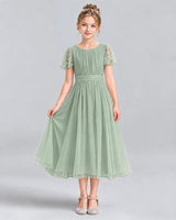 Sage Green A-line Junior Bridesmaid Dresses Pose