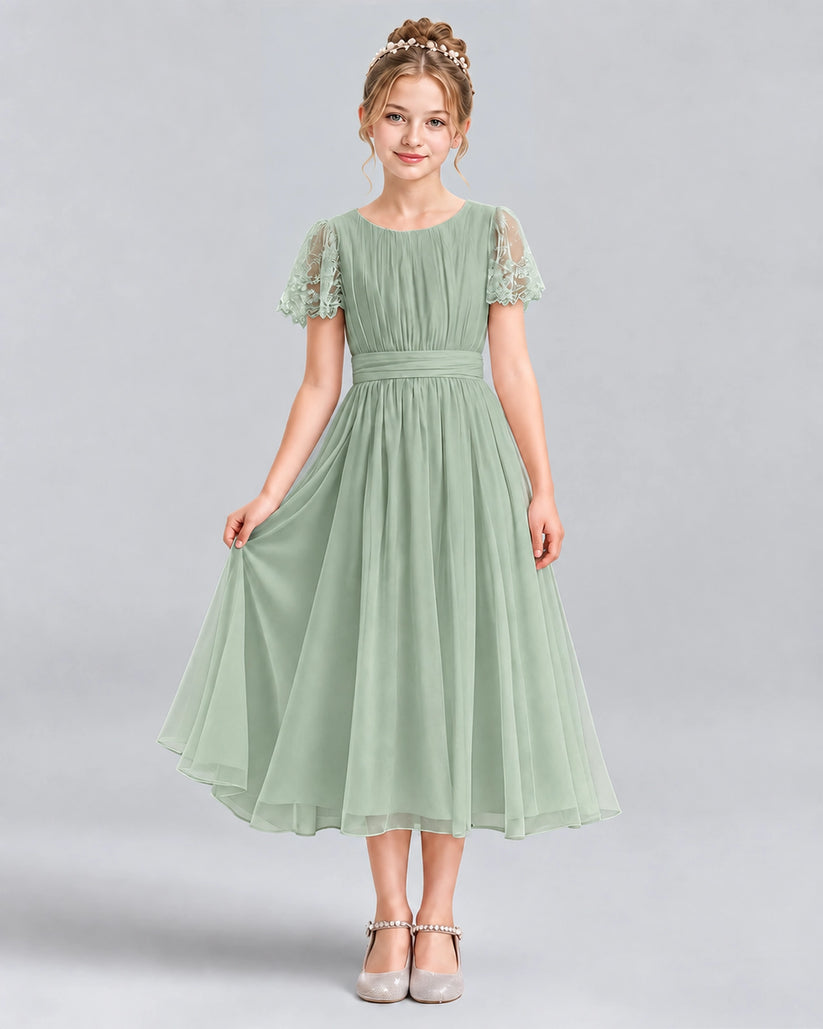 Sage Green A-line Junior Bridesmaid Dresses Pose
