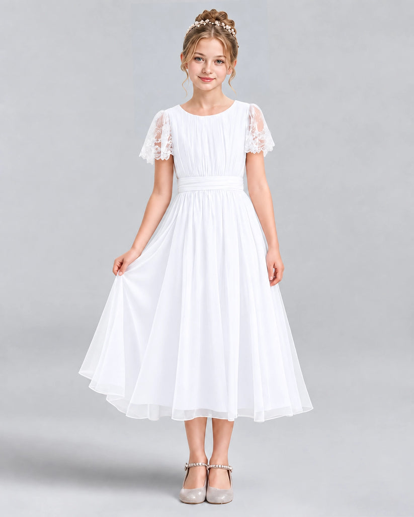 White A-line Junior Bridesmaid Dresses Pose