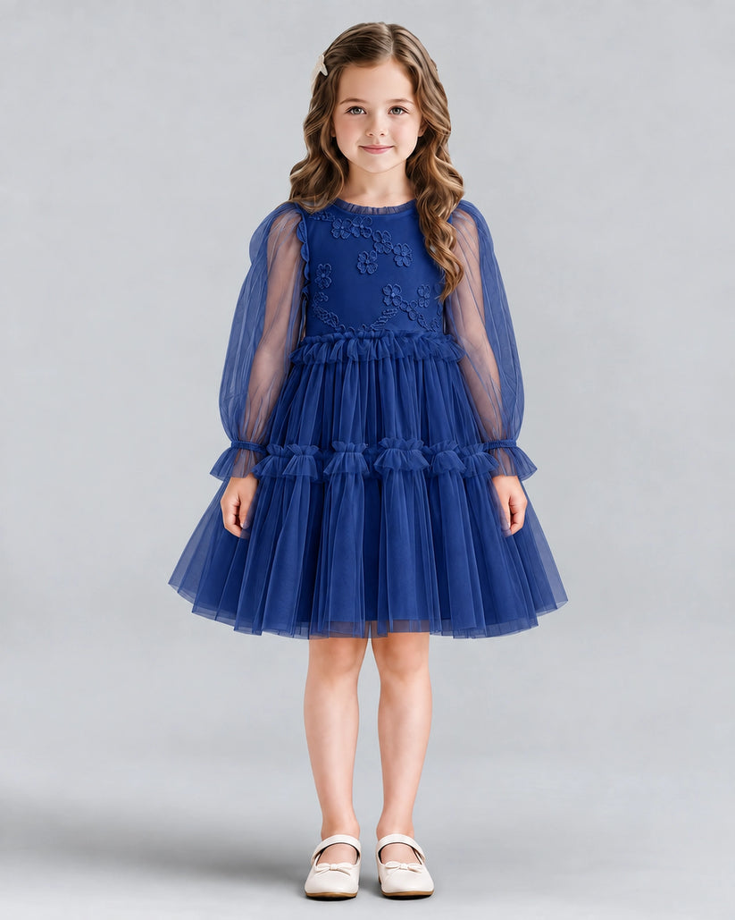 Navy Blue A-line Girls Formal Dresses Front