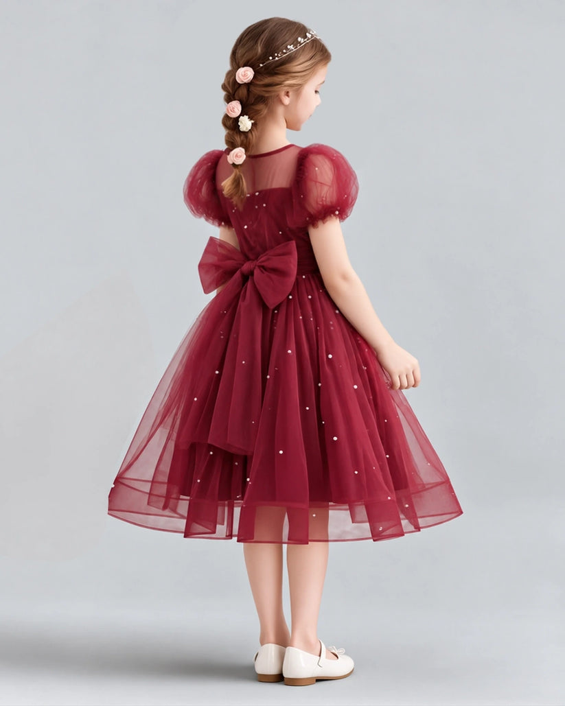 Burgundy A-line Flower Girl Dresses Back