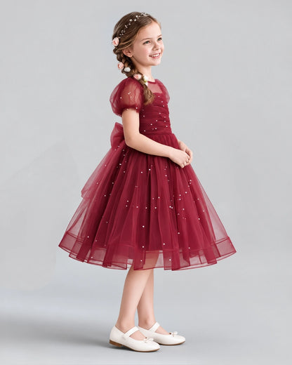 Burgundy A-line Flower Girl Dresses Side