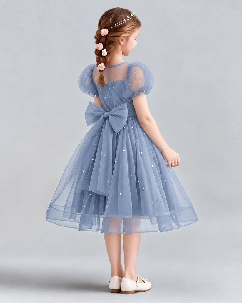 Dusty Blue A-line Flower Girl Dresses Back
