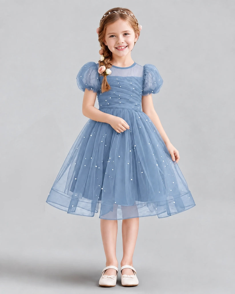 Dusty Blue A-line Flower Girl Dresses Front