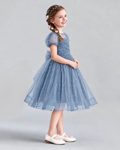 Dusty Blue A-line Flower Girl Dresses Side