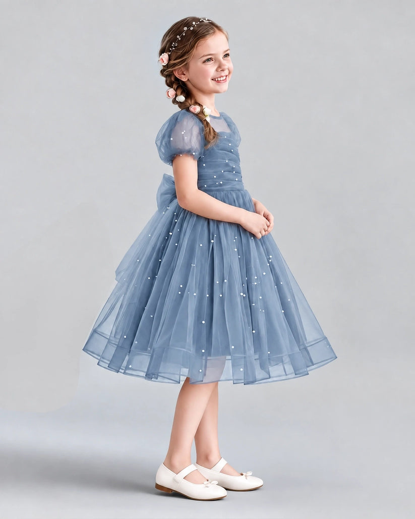 Dusty Blue A-line Flower Girl Dresses Side