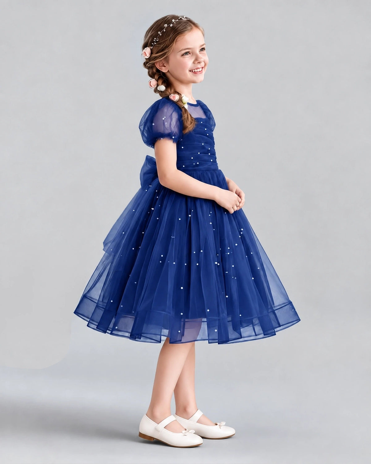 Navy Blue A-line Flower Girl Dresses Side