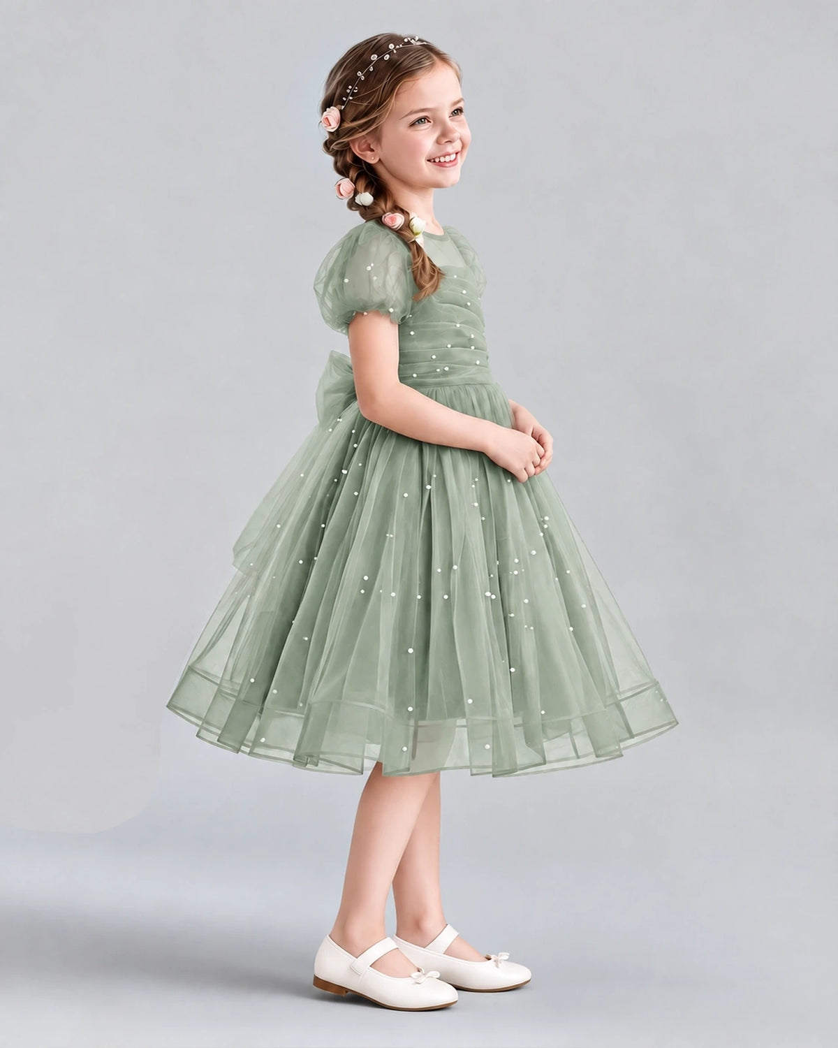 Sage Green A-line Flower Girl Dresses Side