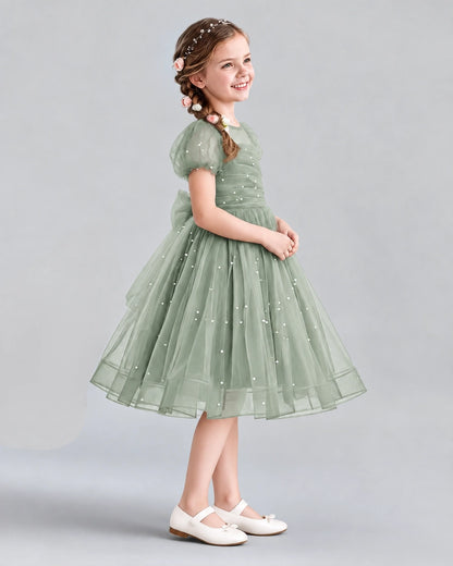 Sage Green A-line Flower Girl Dresses Side