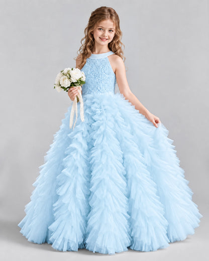 Baby Blue Ball Gown Girls Pageant Dresses Pose
