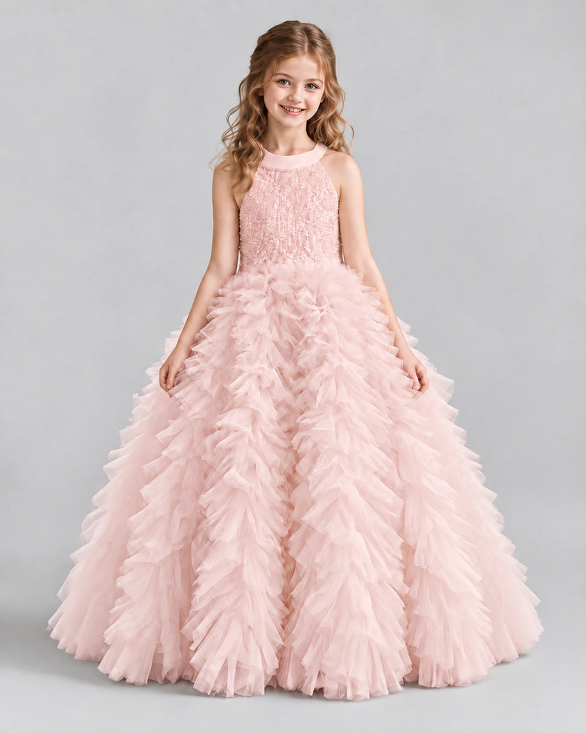 Blush Pink Ball Gown Girls Pageant Dresses Front