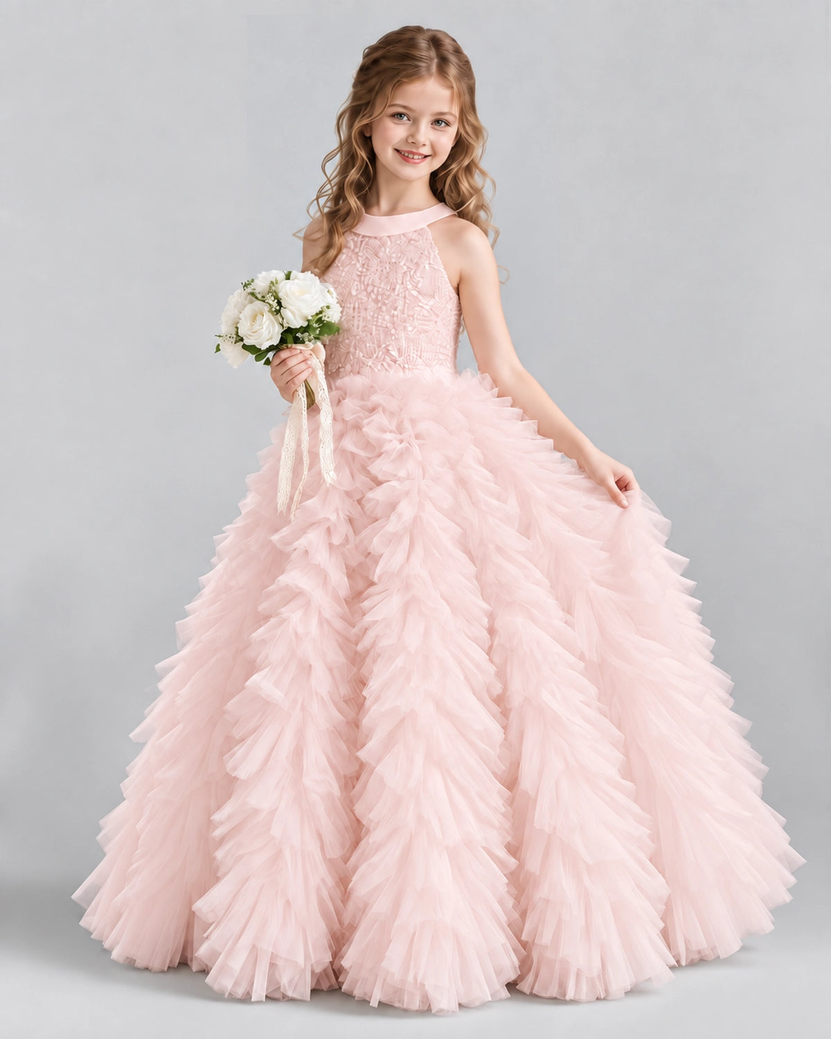 Blush Pink Ball Gown Girls Pageant Dresses Pose