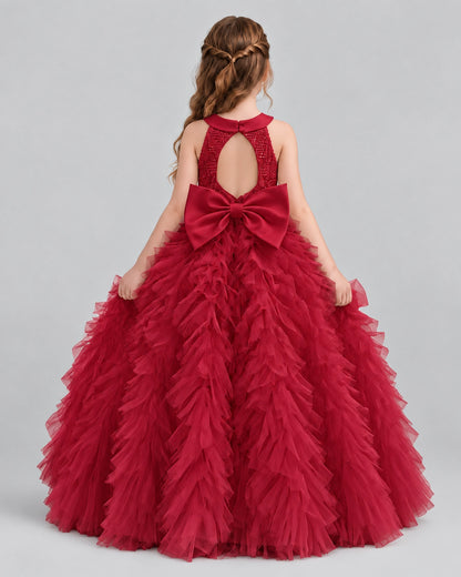Burgundy Ball Gown Girls Pageant Dresses Back