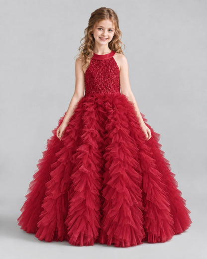 Burgundy Ball Gown Girls Pageant Dresses Front