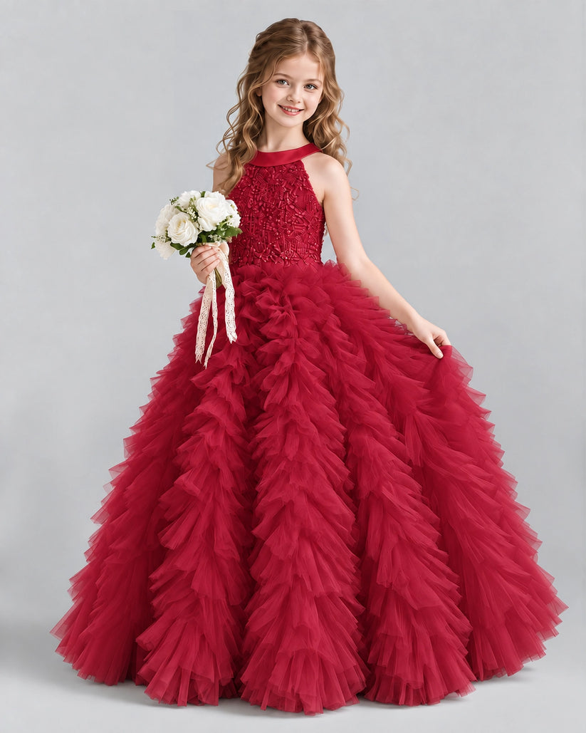 Burgundy Ball Gown Girls Pageant Dresses Pose
