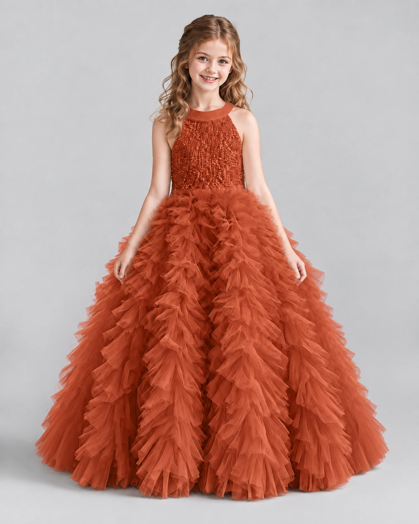 Burnt Orange Ball Gown Girls Pageant Dresses Front